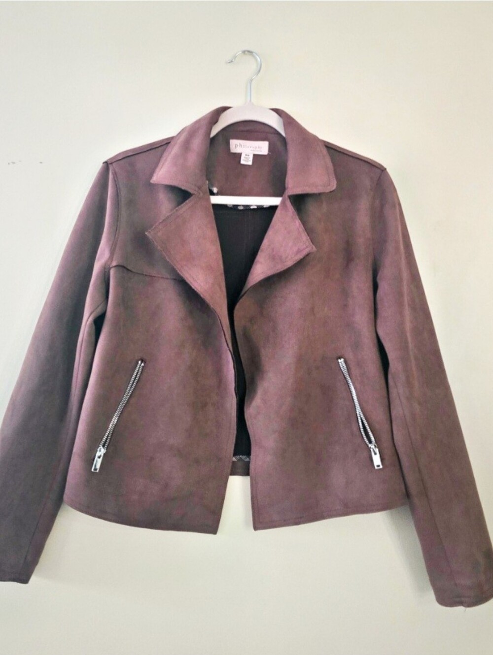 Faux Leather Suede moto jacket by Philosophy with open front, silver-tone Zipper